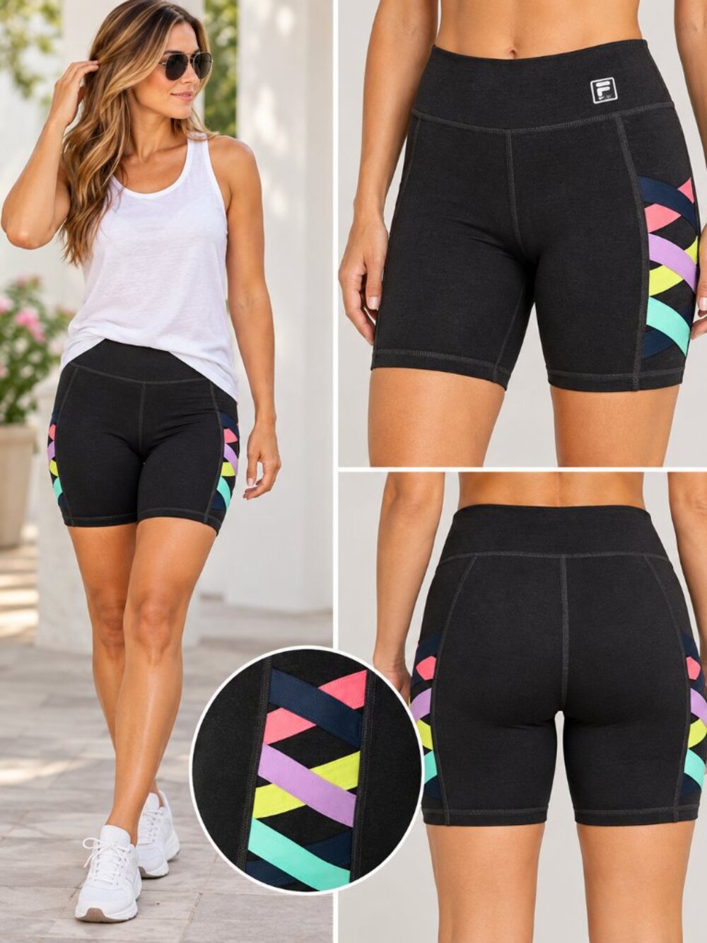 FILA Sport Live In Motion Biker Shorts Black/Grey Multicolor Side Cutout Size L